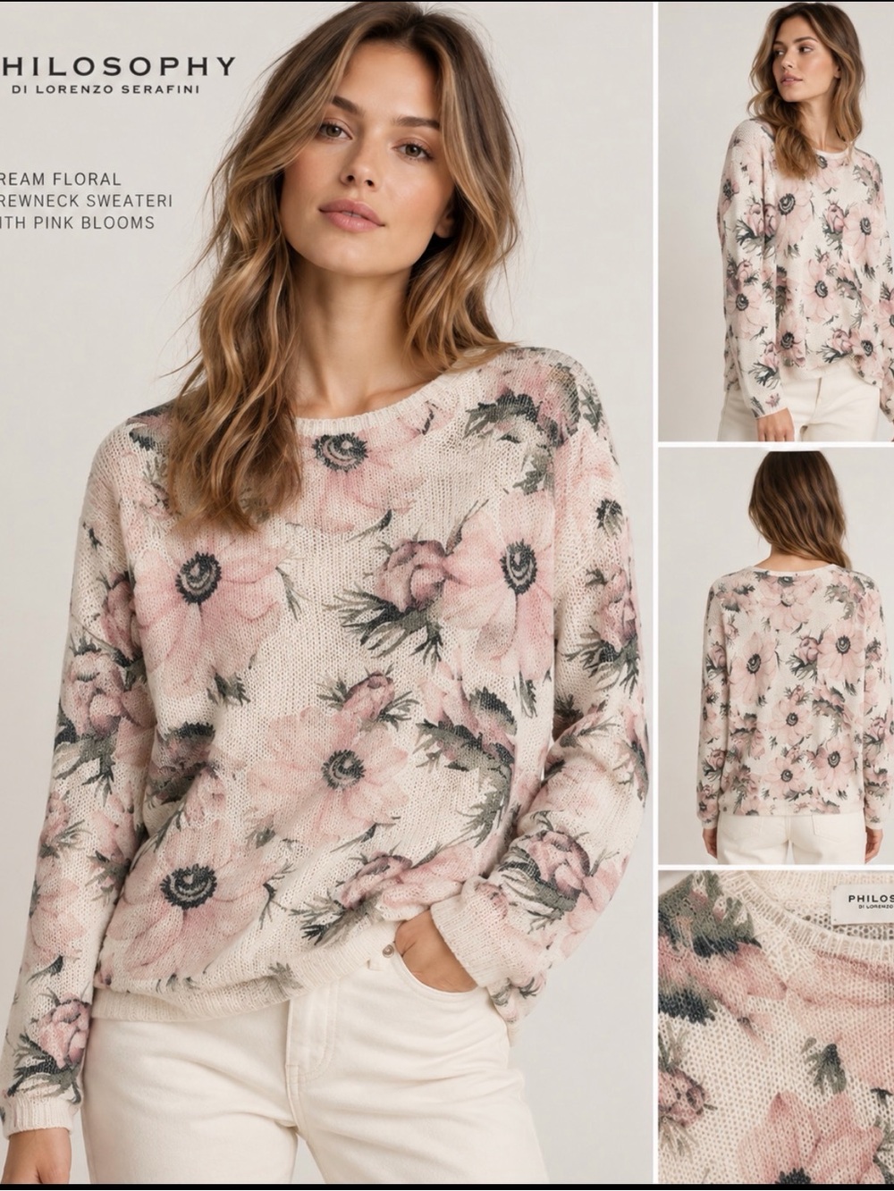 Philosophy Cream Floral Crewneck Sweater with Pink Blooms